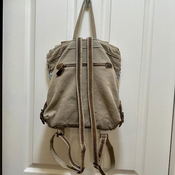 Myra Bag Backpack Brown Leather Canvas Macrame Textile Tote Boho Up Cycle Bag - Picture 15 of 16
